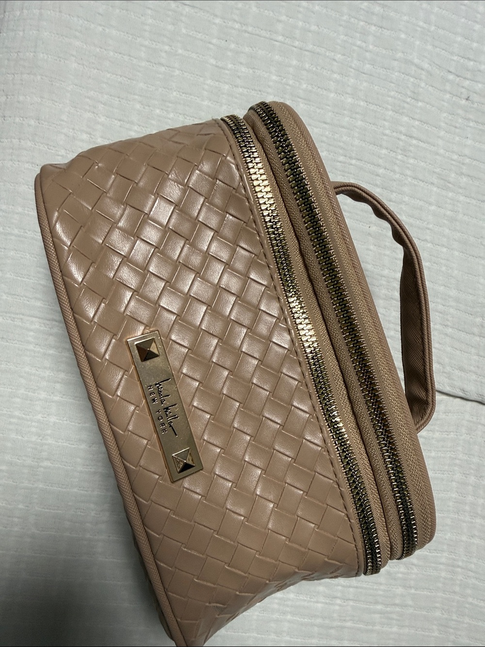 Taupe Woven Cosmetic Case with Handle